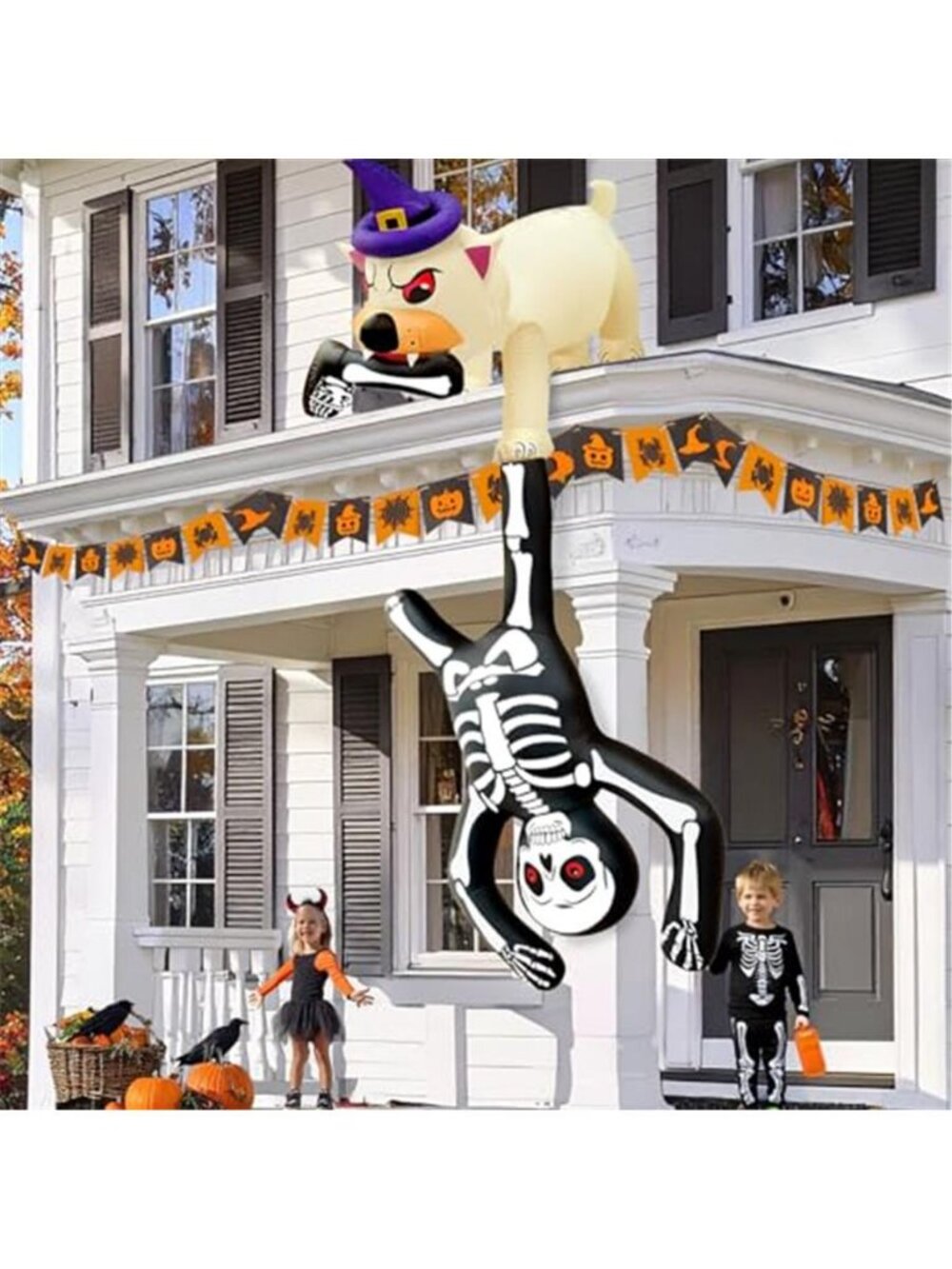 8FT Giant Halloween Inflatables Dog Pulling Skeleton with LED for Lawn Roof
